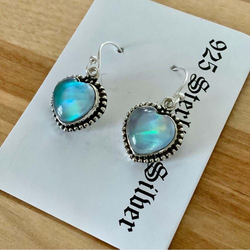 HEART Aurora Opal Solid 925 Sterling Silver Earrings - Picture 2 of 2